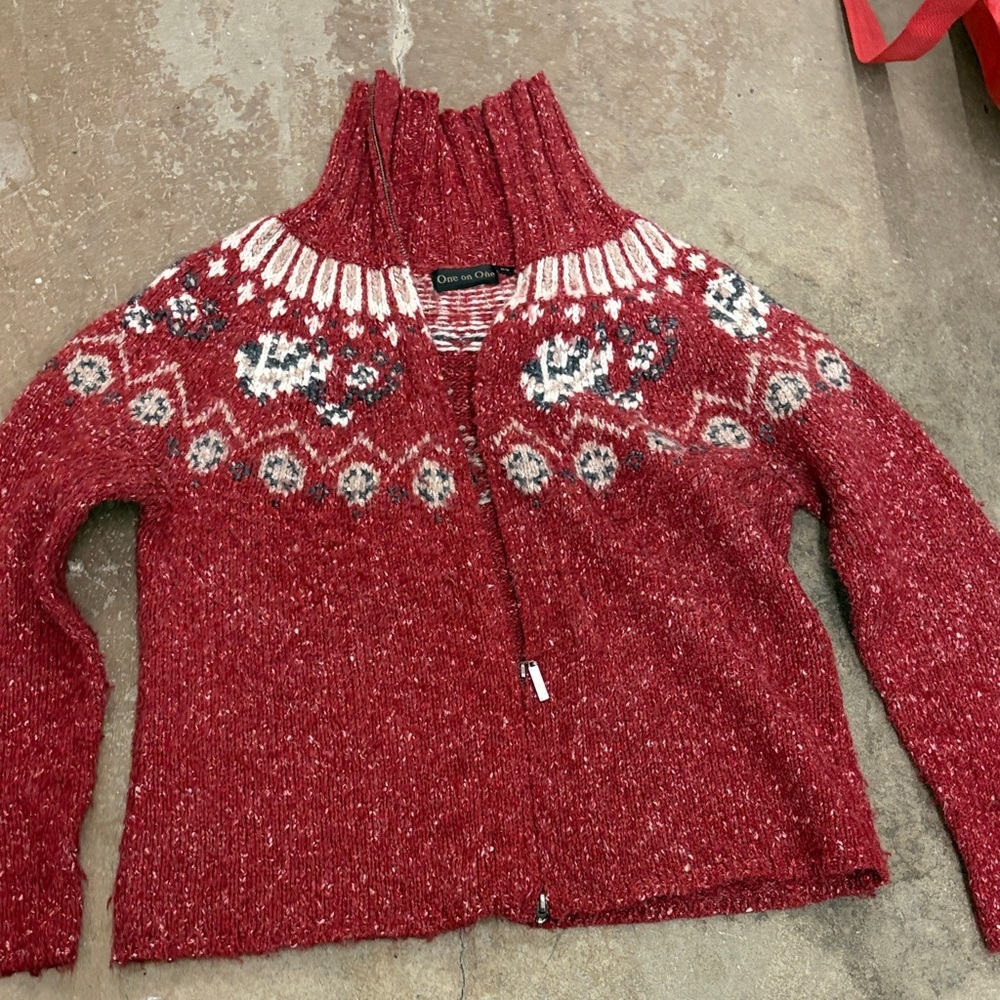 One on one wool blend‎ fair isle  Women's full zip turtleneck Cardigan Sweater